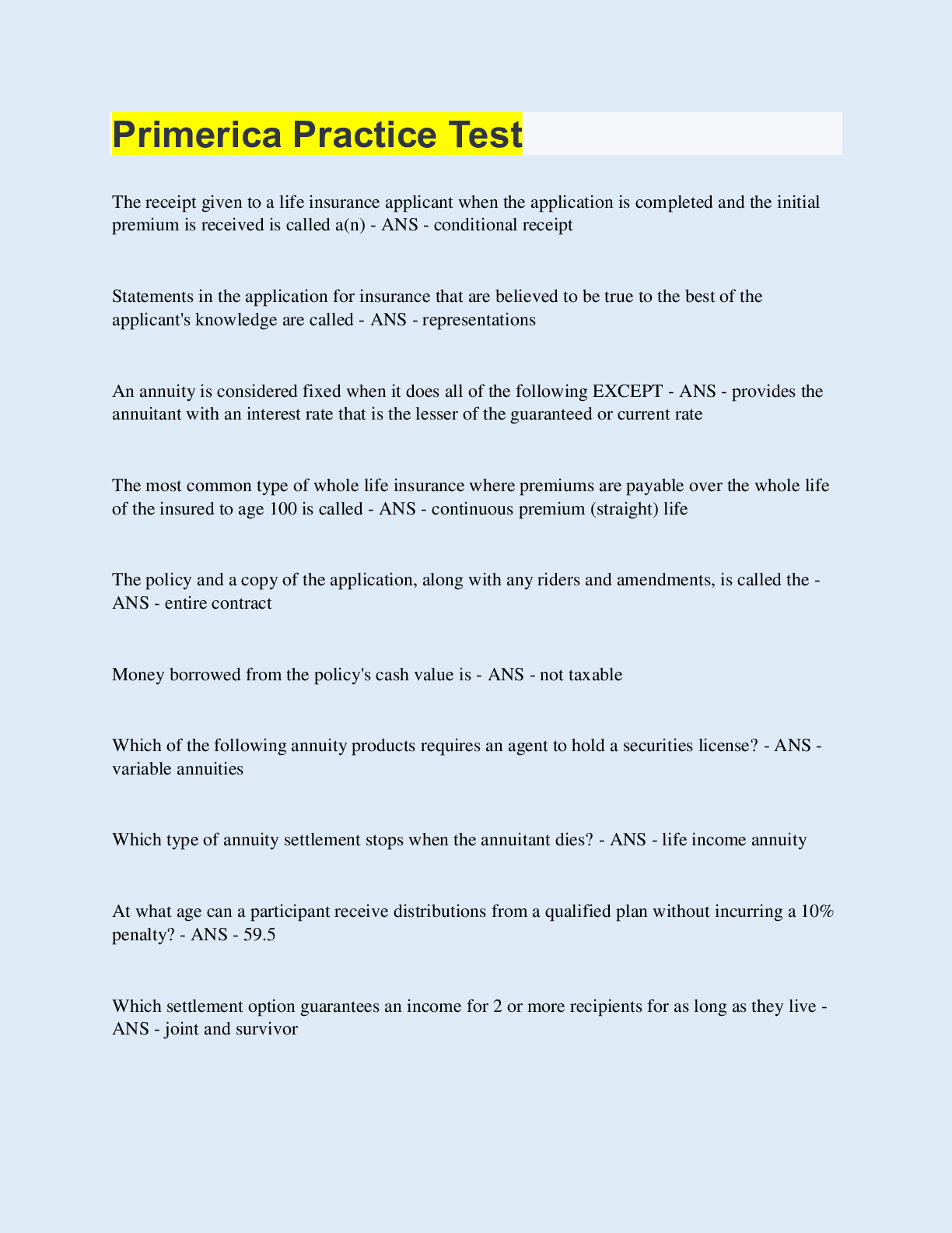 Preview image for Primerica Practice Test | 50 Questions with 100% Correct Answers | Updated & Verified